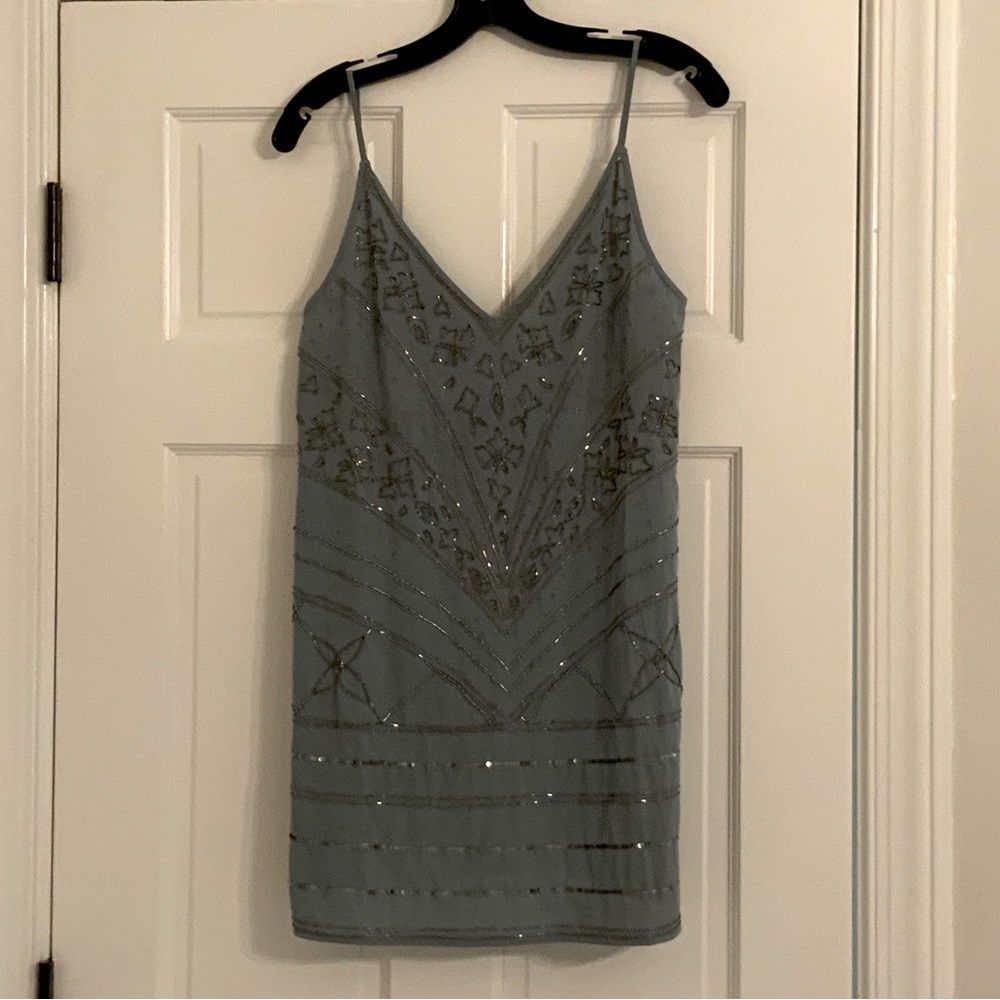 ☀️ Free People slate blue beaded mini dress- Boho flapper vibe☀️